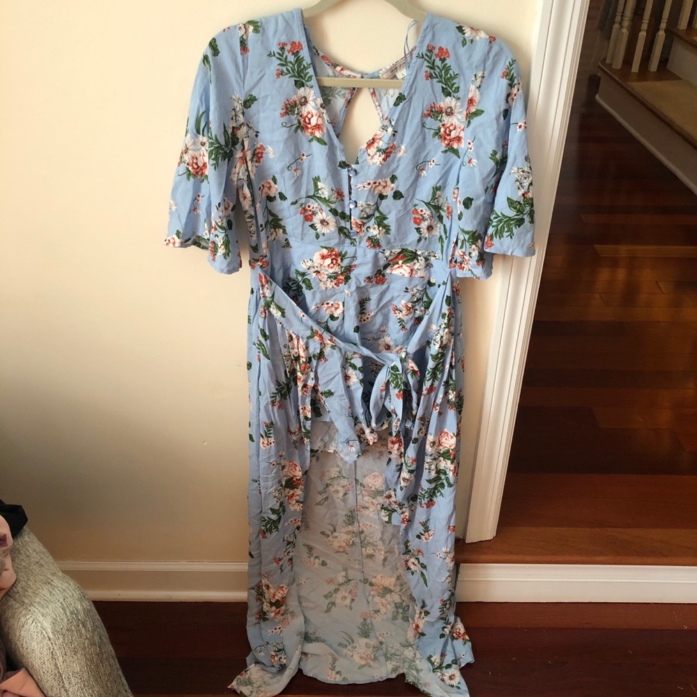 Women’s Adam Levine Baby Blue Floral Print High Low Short Sleeve Dress